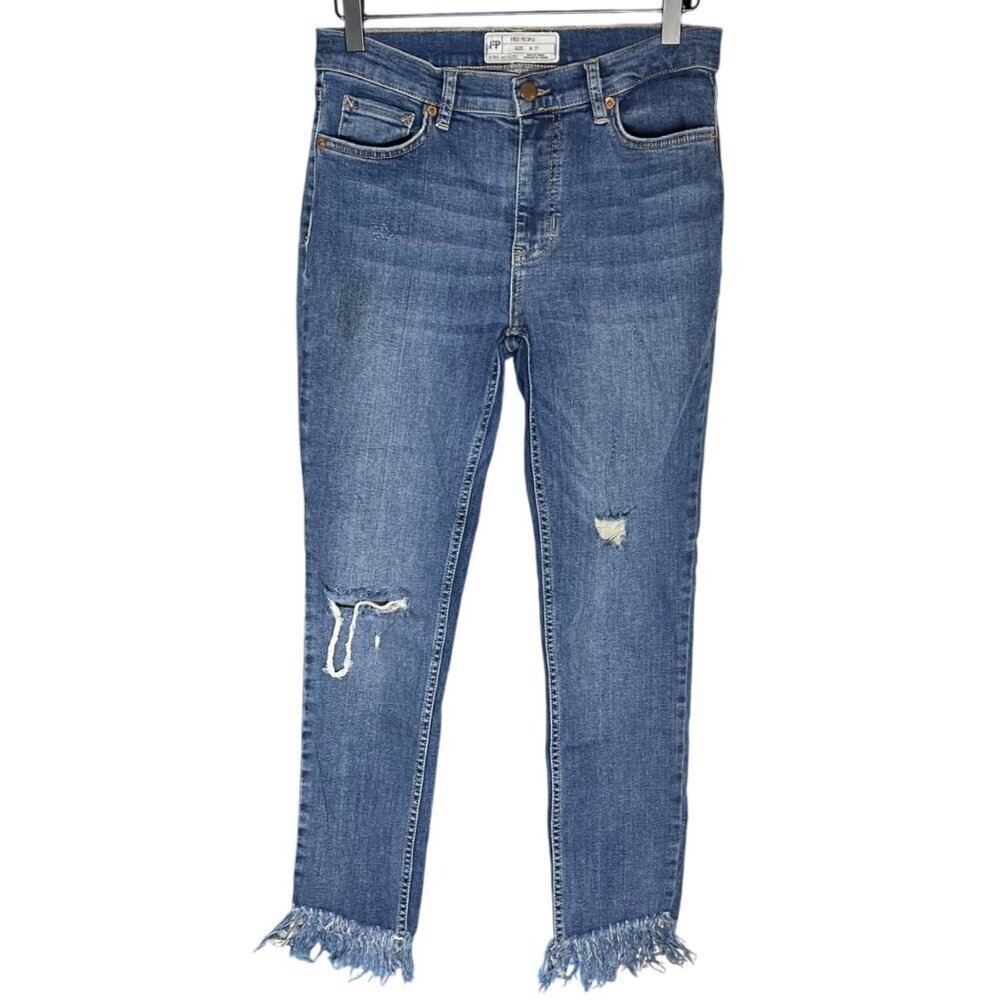 Free People Womens 27 Fringe Hem Distressed Skinny Jeans Ankle Crop Coastal Boho